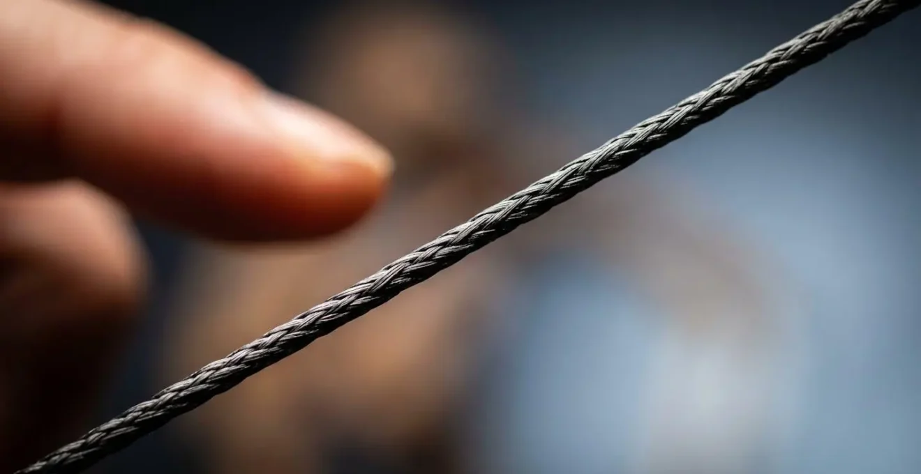 Gros plan extreme sur une ligne de cerf-volant en Dyneema sous tension