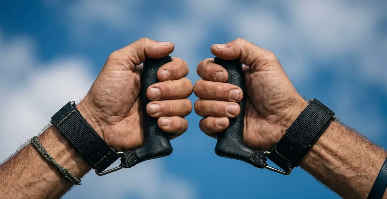 Gros plan sur les mains d'un pilote exécutant le geste précis du stall avec les poignées de cerf-volant