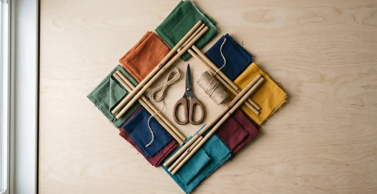 Une composition créative de matériaux de récupération : baguettes, tissu coloré et ficelle, prêts pour fabriquer un cerf-volant.