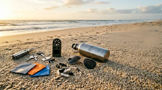 Vue d'ensemble d'un équipement de cerf-volant posé sur le sable avec ciel dégagé en arrière-plan
