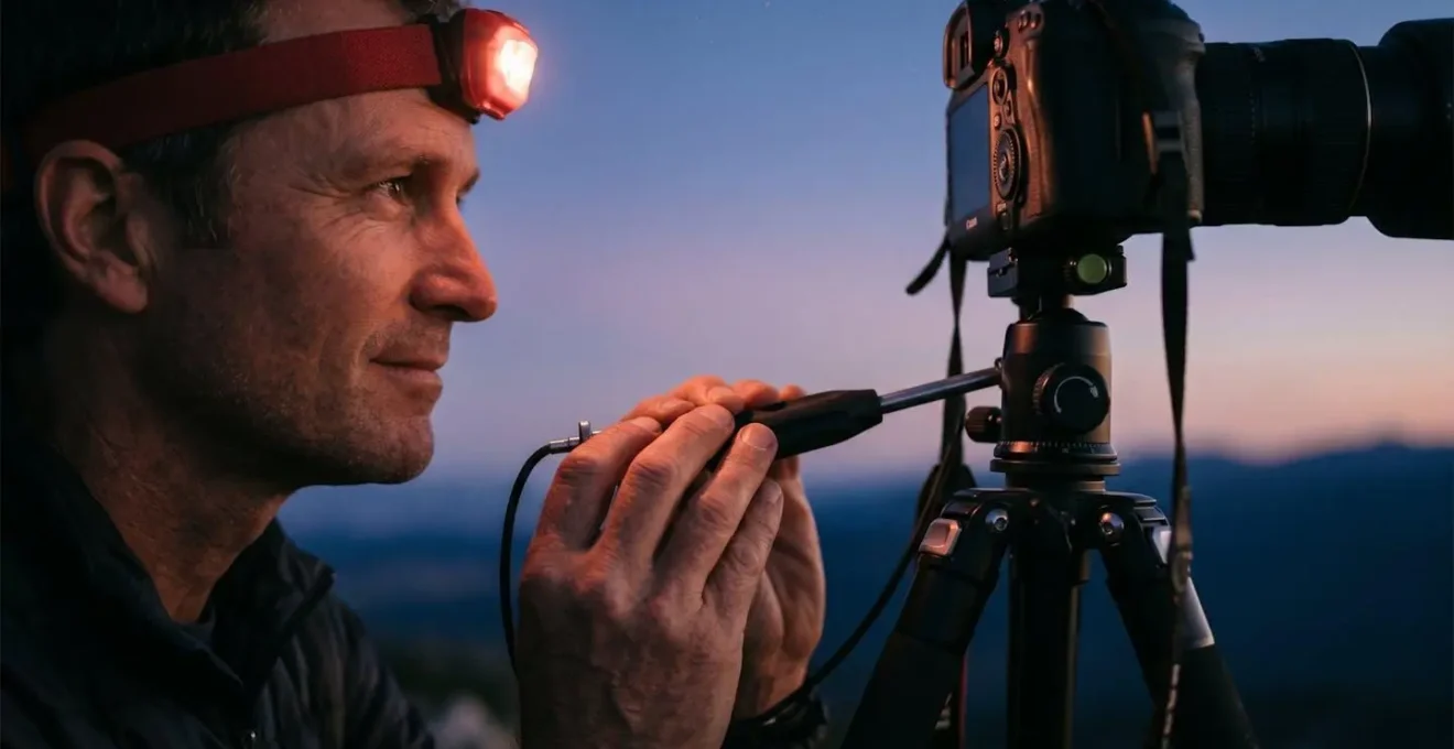 Photographe utilisant un trépied et un déclencheur à distance pour une prise de vue en pose longue