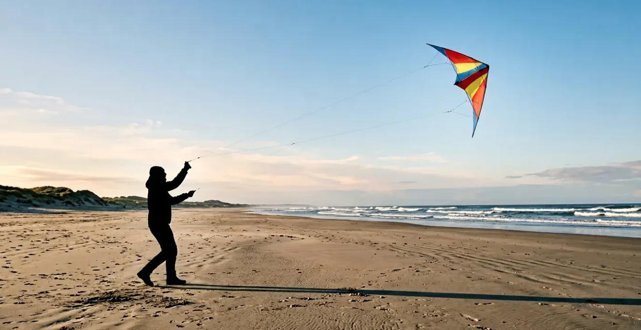 Pilote faisant voler un cerf-volant acrobatique deux lignes lors d'une journée venteuse en bord de mer