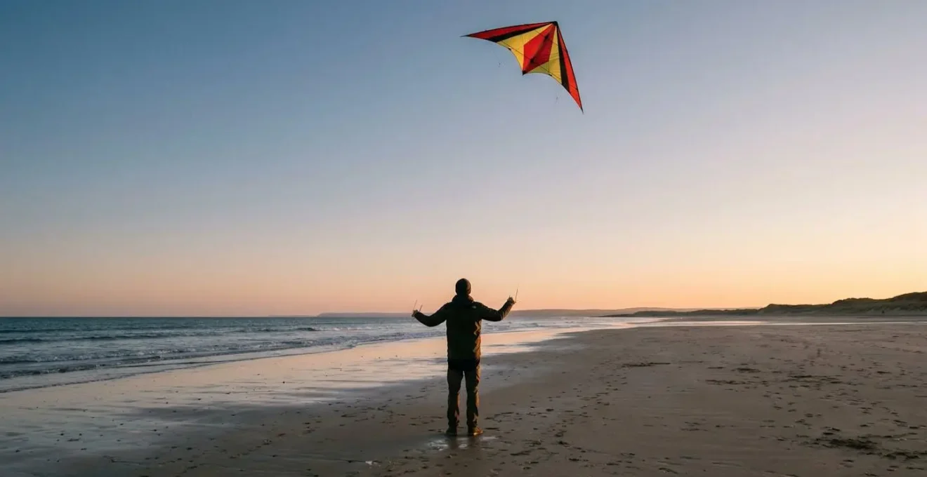 Pilote de cerf-volant acrobatique réalisant des figures géométriques précises dans le ciel avec un delta deux lignes
