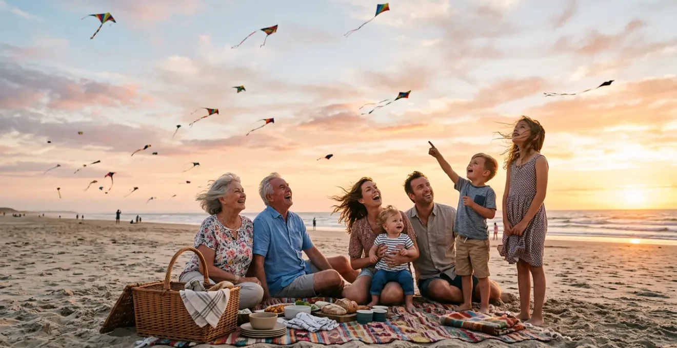 Famille réunie sur une plage avec des cerfs-volants colorés dans le ciel et un pique-nique sur le sable