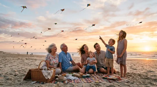 Famille réunie sur une plage avec des cerfs-volants colorés dans le ciel et un pique-nique sur le sable