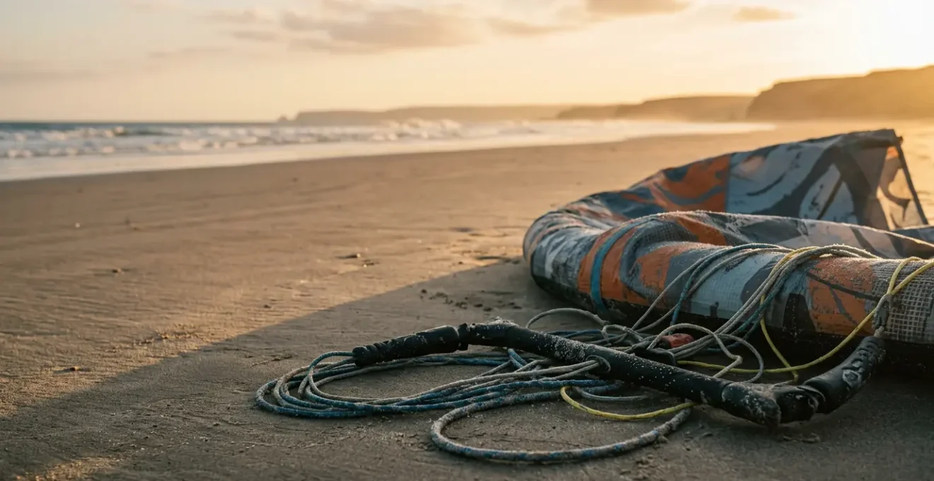 Équipement de cerf-volant exposé au vent marin avec embruns salés
