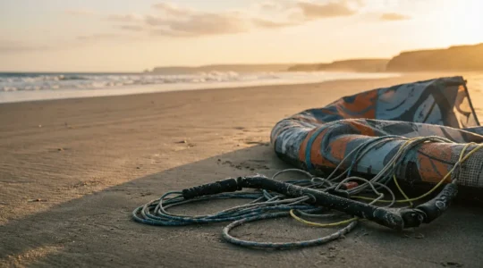 Équipement de cerf-volant exposé au vent marin avec embruns salés