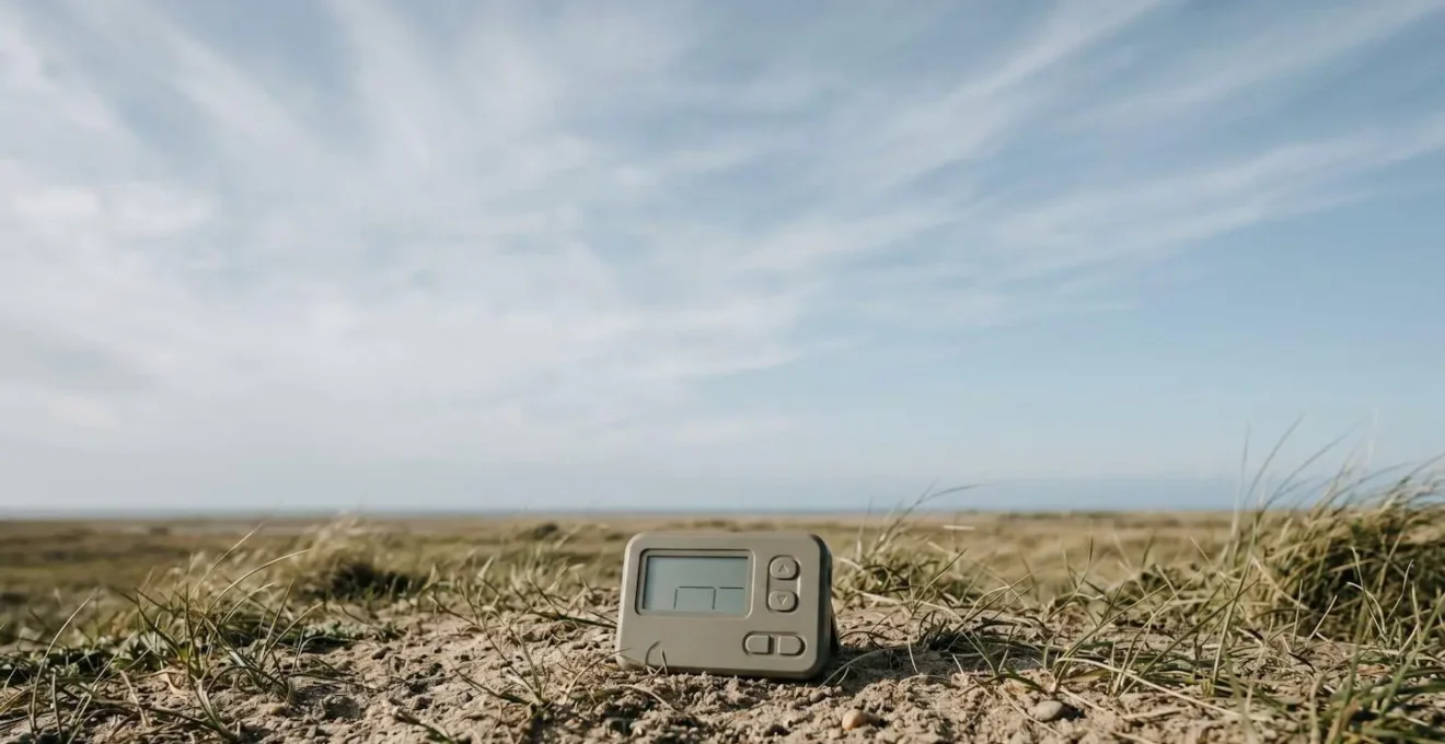 Composition minimaliste montrant un chronomètre sportif sur fond de ciel avec trace de mouvement