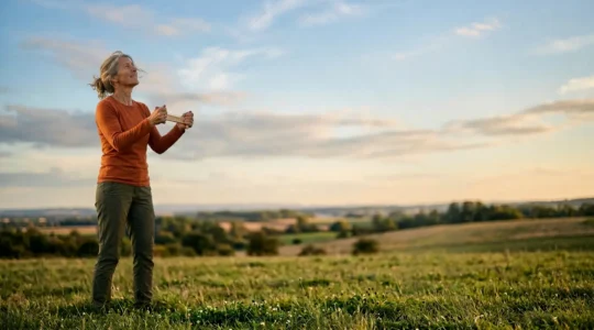 Personne pratiquant le pilotage de cerf-volant en exterieur pour la reeducation de l epaule