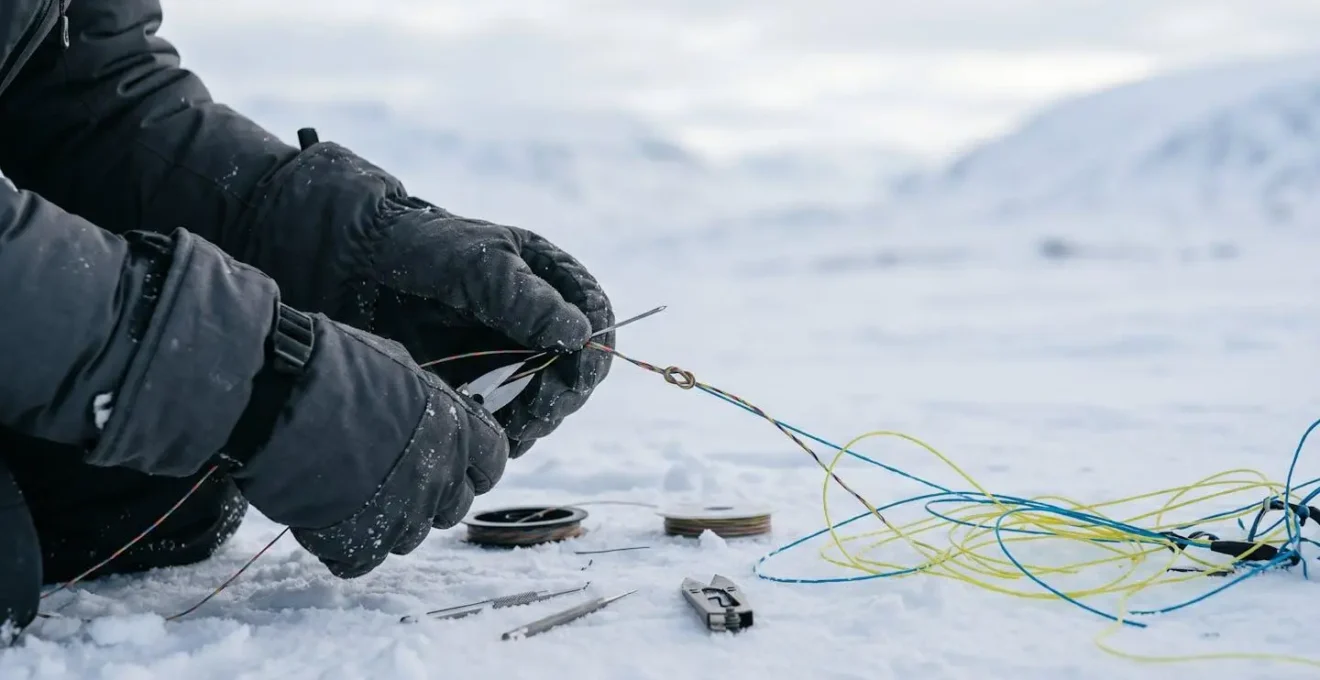 Mains gantées manipulant des lignes de kite et du matériel de réparation sur la neige