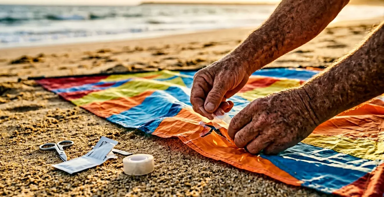 Réparation d'urgence d'un cerf-volant sur une plage avec outils de fortune