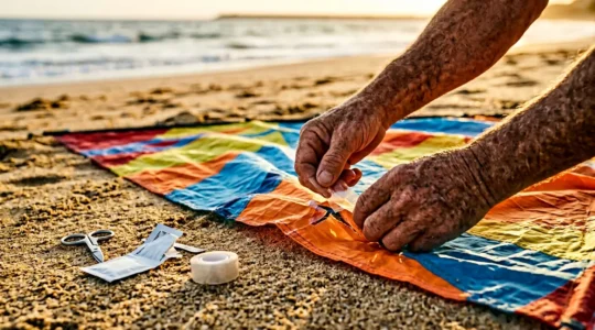 Réparation d'urgence d'un cerf-volant sur une plage avec outils de fortune