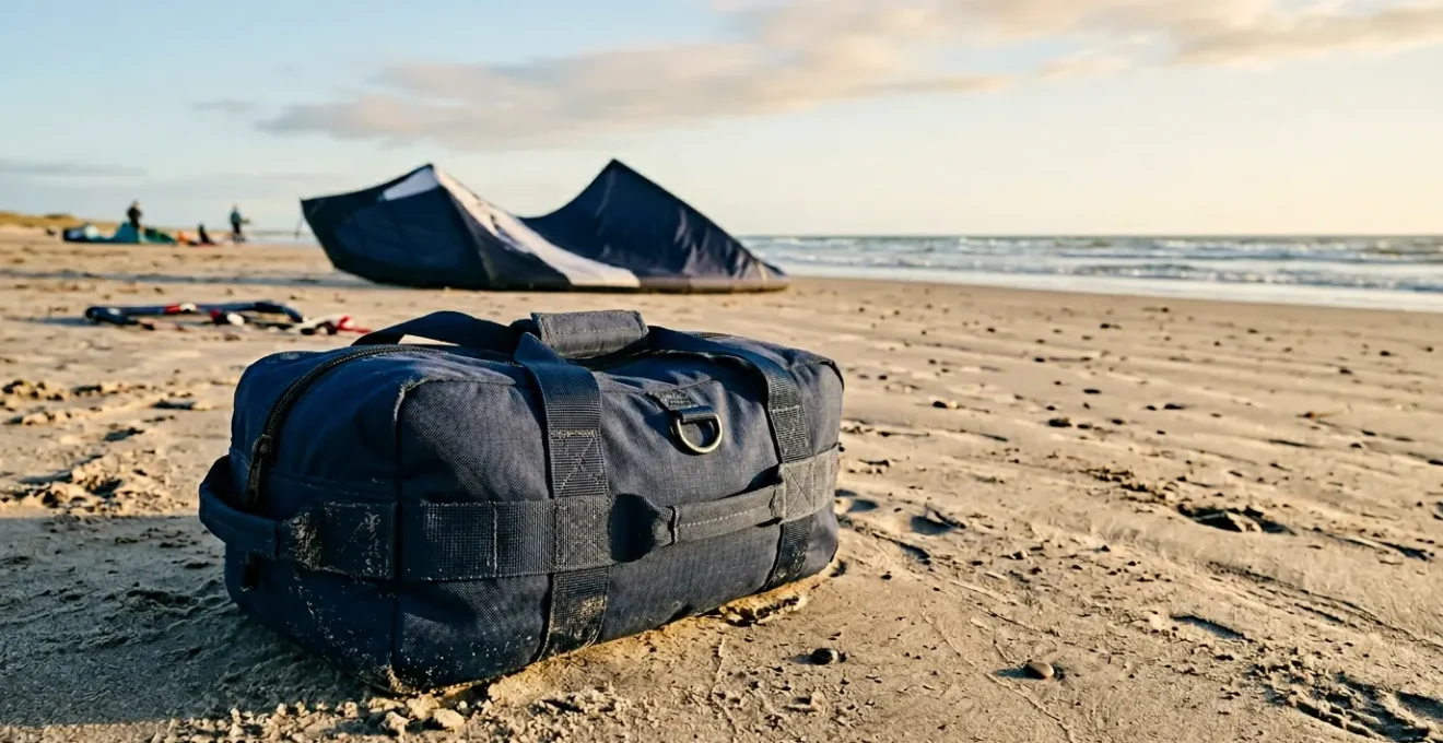Sac de lestage robuste posé sur une plage avec cerf-volant acrobatique en arrière-plan