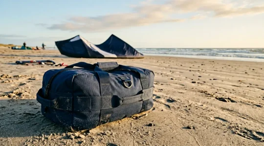 Sac de lestage robuste posé sur une plage avec cerf-volant acrobatique en arrière-plan