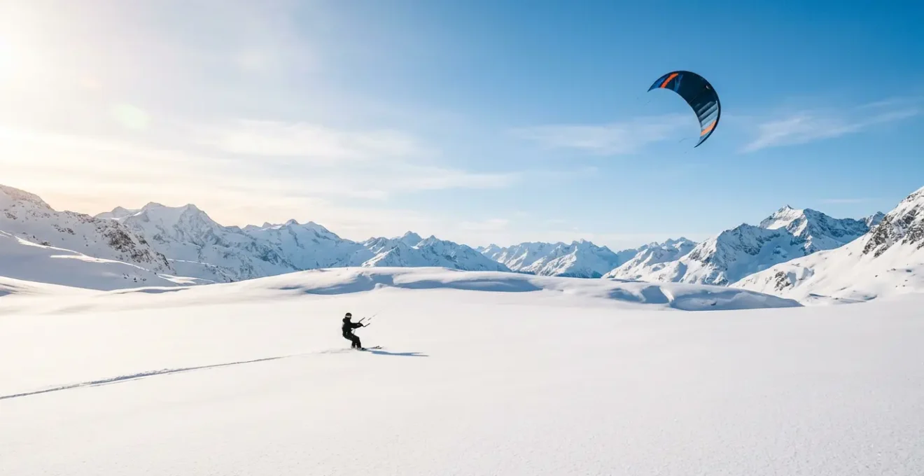 Pratiquant de snowkite glissant sur neige immaculée avec aile de traction dans un paysage montagneux