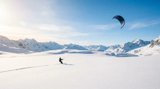 Pratiquant de snowkite glissant sur neige immaculée avec aile de traction dans un paysage montagneux