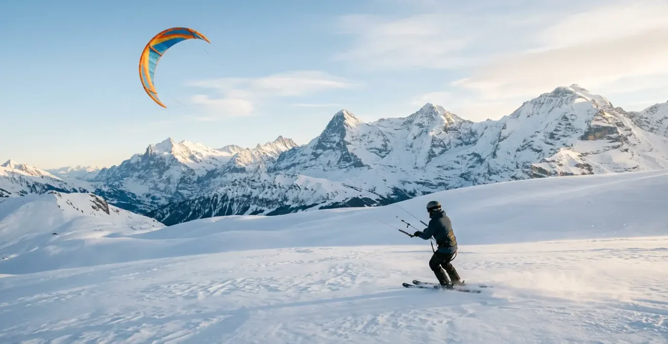 Pratiquant de snowkite tracté par une aile sur une étendue de neige en montagne