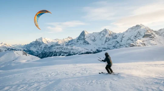 Pratiquant de snowkite tracté par une aile sur une étendue de neige en montagne