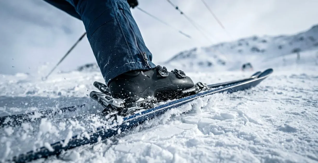 Gros plan sur les skis et la position du corps d'un snowkiter en phase de remontée au vent