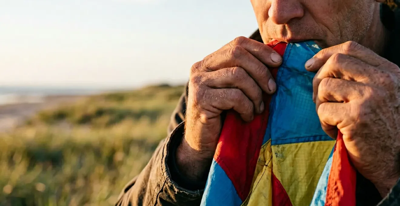 Gros plan sur une main testant la porosité d'une toile de cerf-volant colorée en plein air