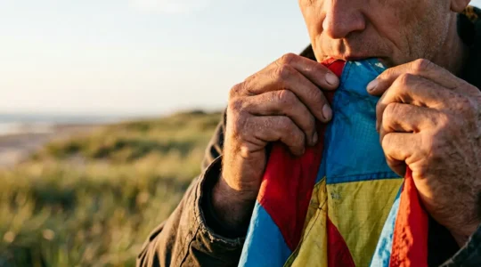 Gros plan sur une main testant la porosité d'une toile de cerf-volant colorée en plein air