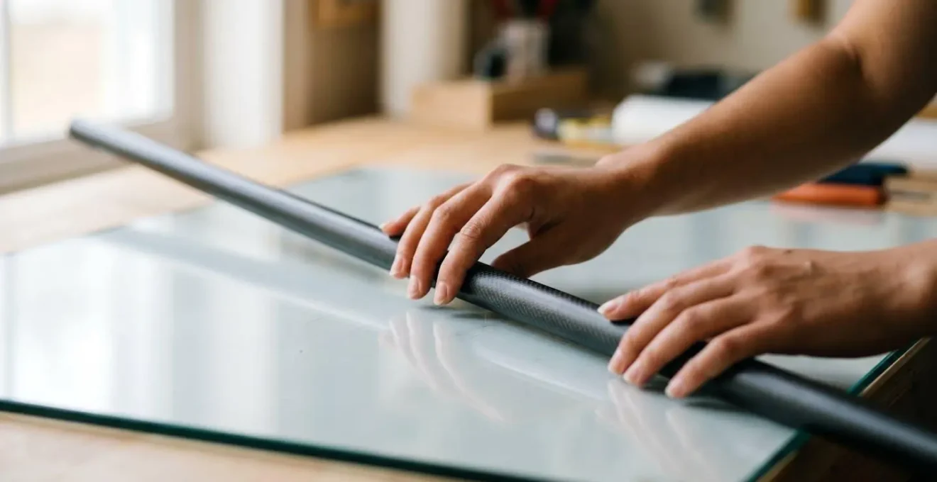 Barre en fibre de carbone roulant sur une table en verre pour détecter une courbure invisible