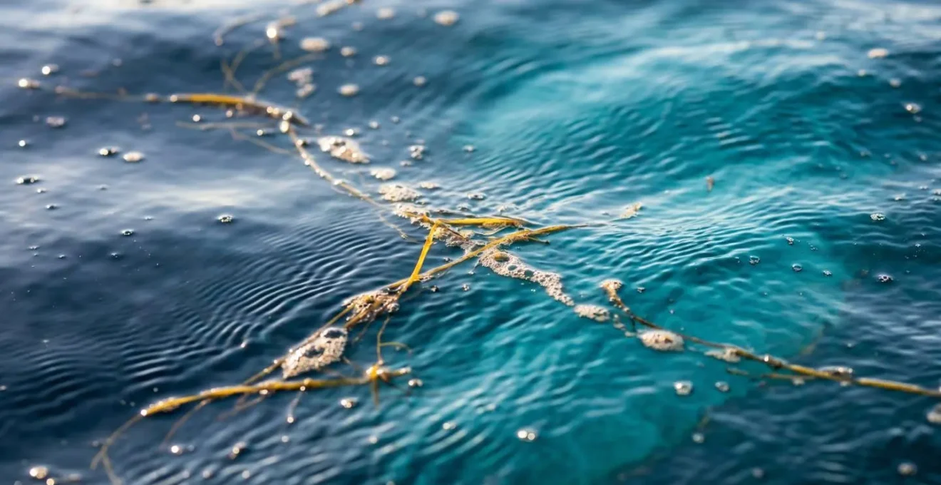 Gros plan macro sur la surface de l'eau révélant des textures subtiles, des risées et des variations de couleur indiquant courants et rafales