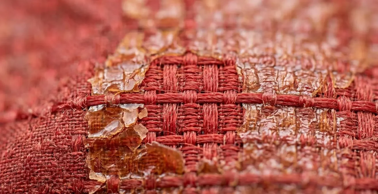 Détail macro de la texture d'un tissu ripstop de cerf-volant montrant la dégradation de l'enduction