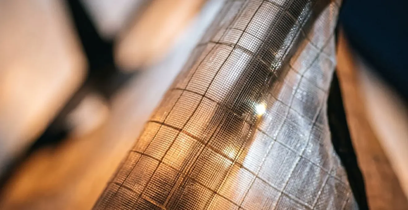 Détail macro d'une toile de cerf-volant semi-translucide illuminée de l'intérieur par des LEDs créant un effet de diffusion