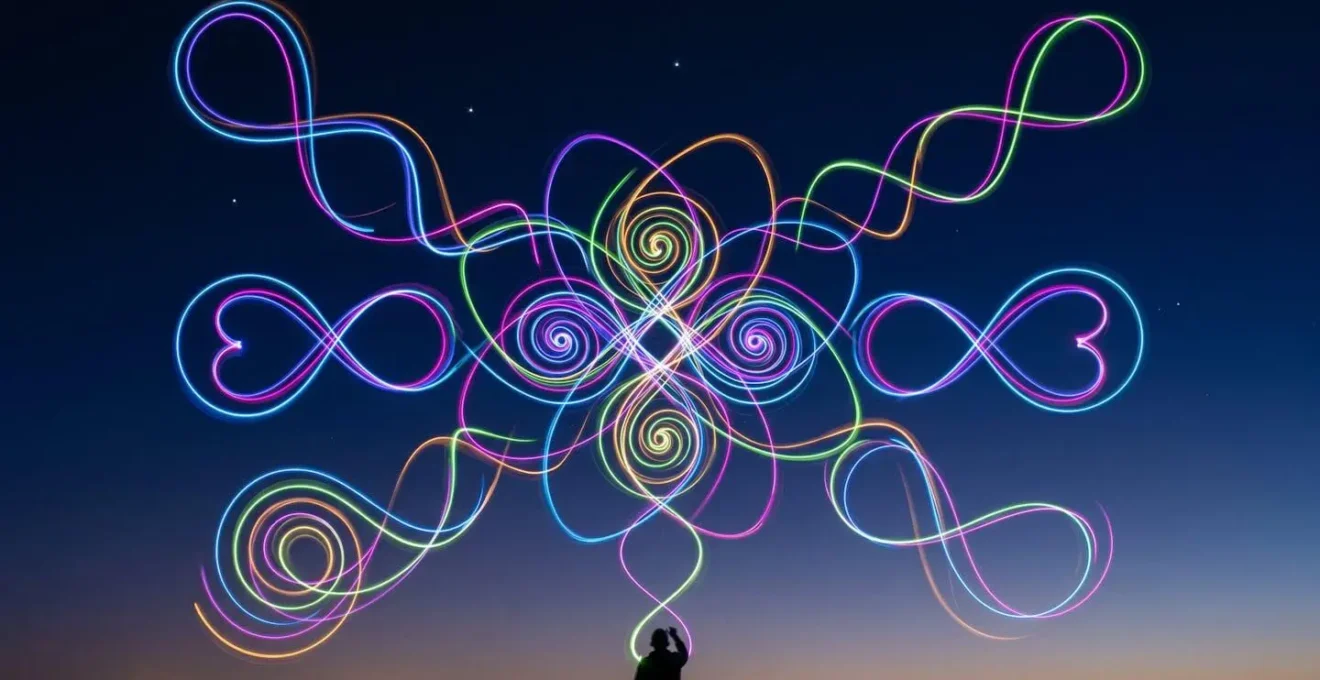 Multiples traces lumineuses formant des spirales et des figures géométriques dans le ciel nocturne