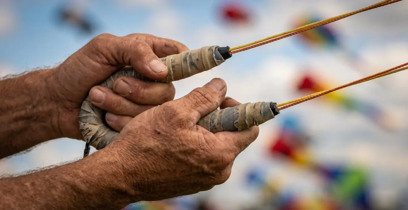 Gros plan sur les mains d'un pilote tenant les poignées de cerf-volant avec intense concentration, vision périphérique suggérée par le flou artistique