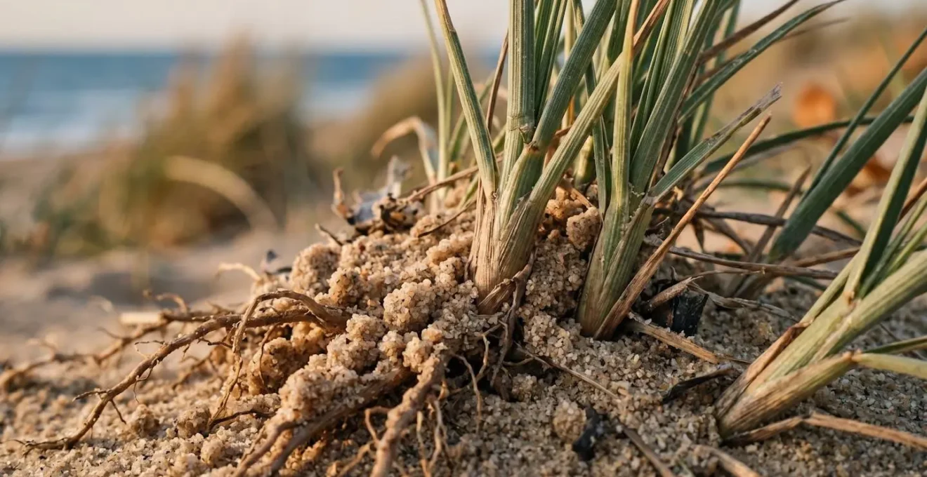 Gros plan sur des touffes d'oyat enracinées dans le sable d'une dune, montrant leur rôle crucial dans la fixation du sol
